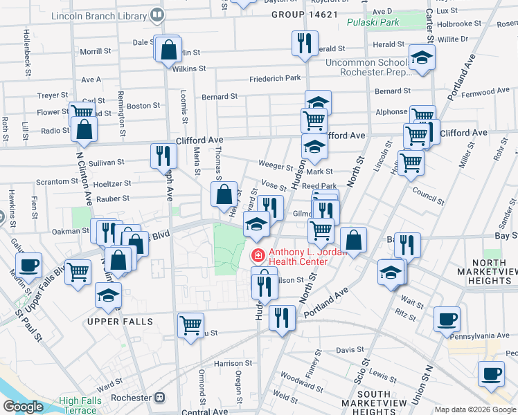map of restaurants, bars, coffee shops, grocery stores, and more near 20 Edward Street in Rochester