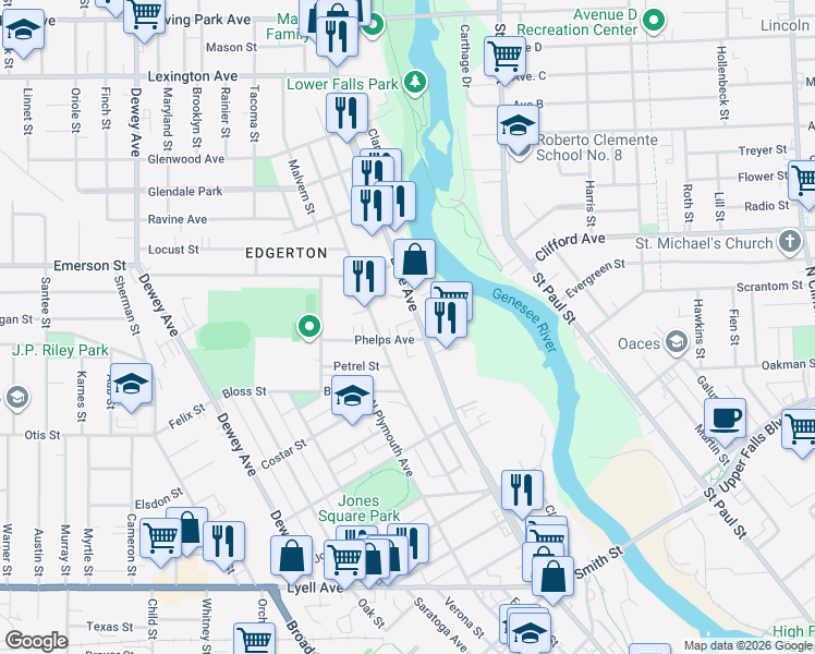 map of restaurants, bars, coffee shops, grocery stores, and more near 17 Phelps Avenue in Rochester