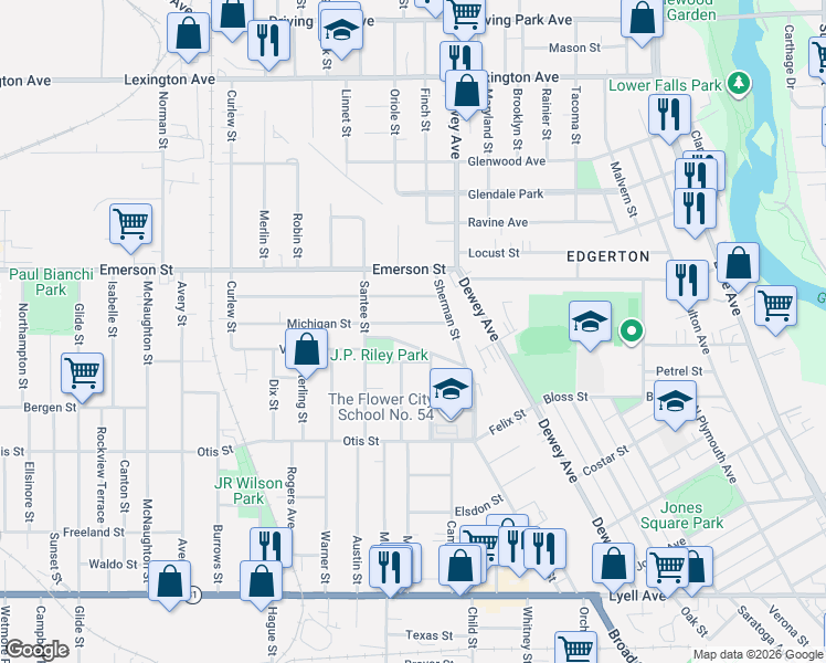 map of restaurants, bars, coffee shops, grocery stores, and more near 12 Willow Street in Rochester