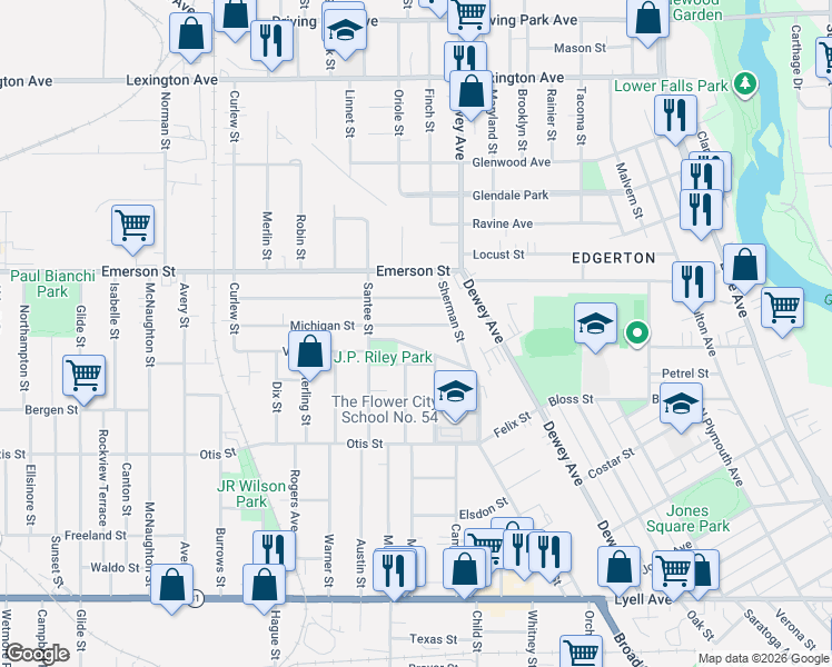 map of restaurants, bars, coffee shops, grocery stores, and more near 12 Willow Street in Rochester