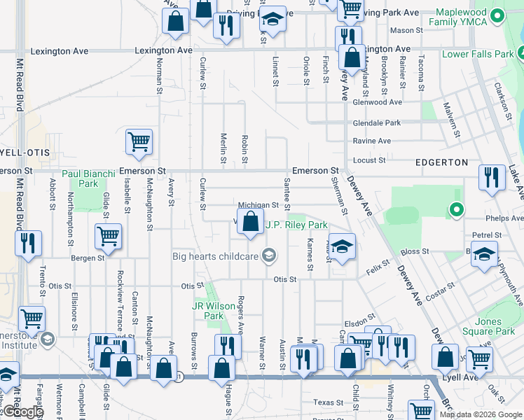 map of restaurants, bars, coffee shops, grocery stores, and more near 49 Villa Street in Rochester