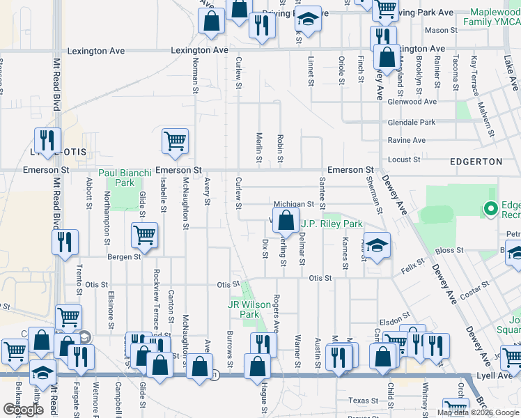 map of restaurants, bars, coffee shops, grocery stores, and more near 155 Villa Street in Rochester