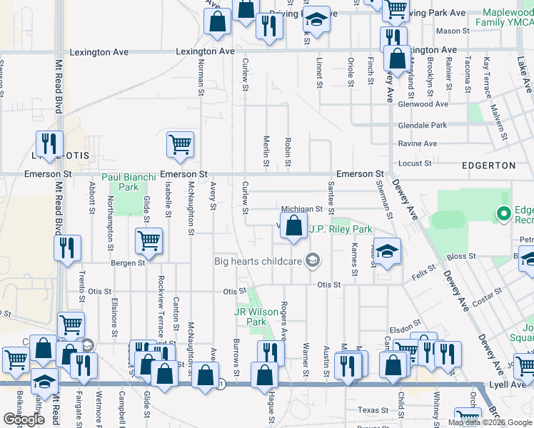 map of restaurants, bars, coffee shops, grocery stores, and more near 155 Villa Street in Rochester