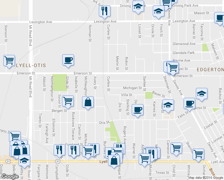 map of restaurants, bars, coffee shops, grocery stores, and more near 155 Villa Street in Rochester