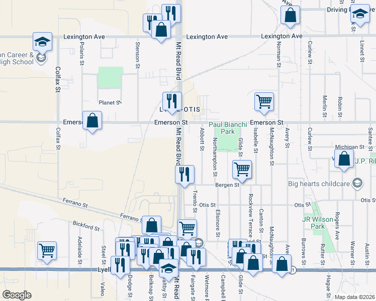 map of restaurants, bars, coffee shops, grocery stores, and more near 75 Abbott Street in Rochester