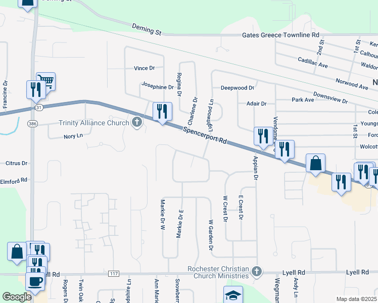 map of restaurants, bars, coffee shops, grocery stores, and more near 1 South Hill Circle in Rochester