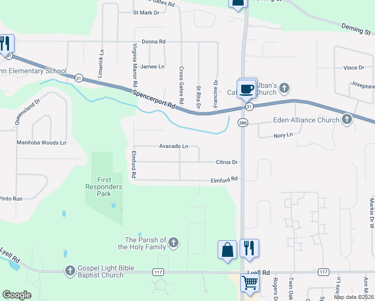 map of restaurants, bars, coffee shops, grocery stores, and more near 30 Citrus Drive in Rochester