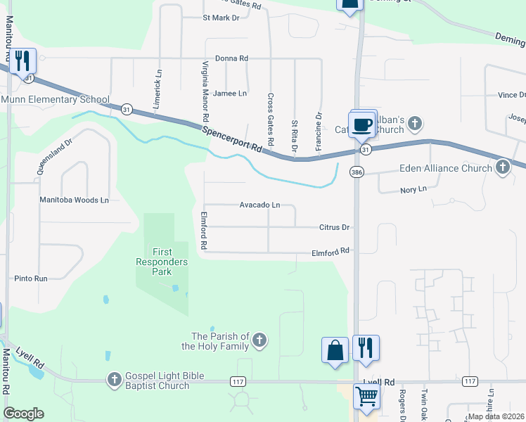 map of restaurants, bars, coffee shops, grocery stores, and more near 30 Citrus Drive in Rochester