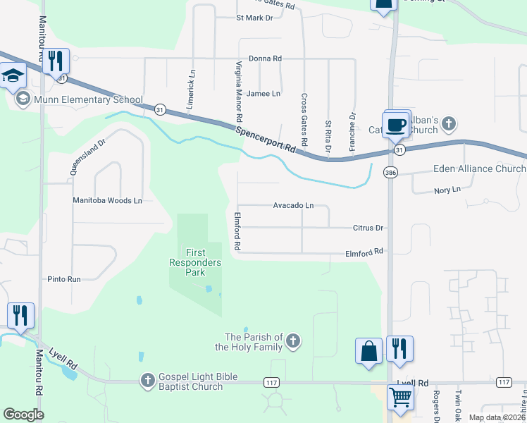 map of restaurants, bars, coffee shops, grocery stores, and more near 48 Citrus Drive in Rochester