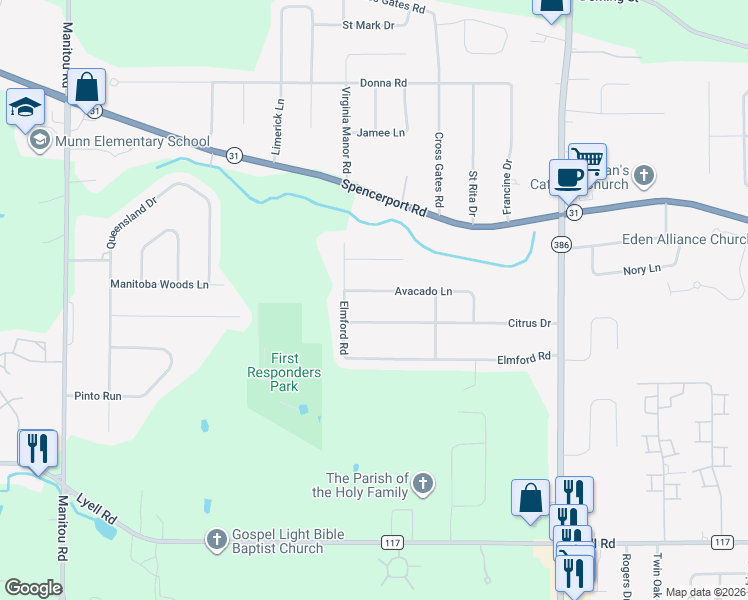 map of restaurants, bars, coffee shops, grocery stores, and more near 48 Citrus Drive in Rochester