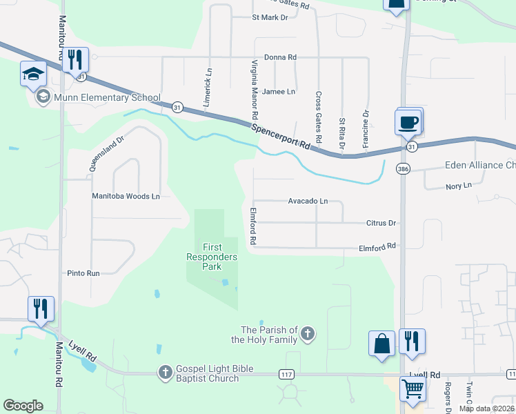 map of restaurants, bars, coffee shops, grocery stores, and more near 71 Elmford Road in Rochester