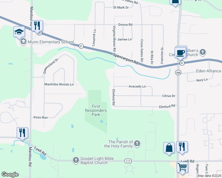 map of restaurants, bars, coffee shops, grocery stores, and more near 71 Elmford Road in Rochester
