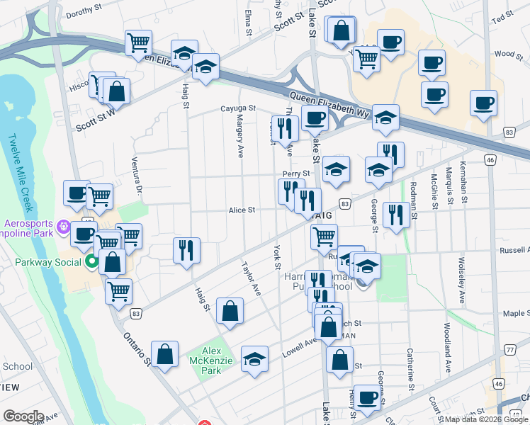 map of restaurants, bars, coffee shops, grocery stores, and more near 163 York Street in St. Catharines