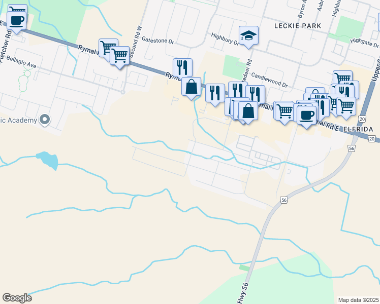 map of restaurants, bars, coffee shops, grocery stores, and more near 93 Cittadella Boulevard in Hamilton