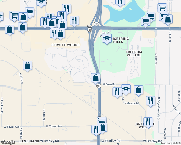 map of restaurants, bars, coffee shops, grocery stores, and more near 8424 North Servite Drive in Milwaukee