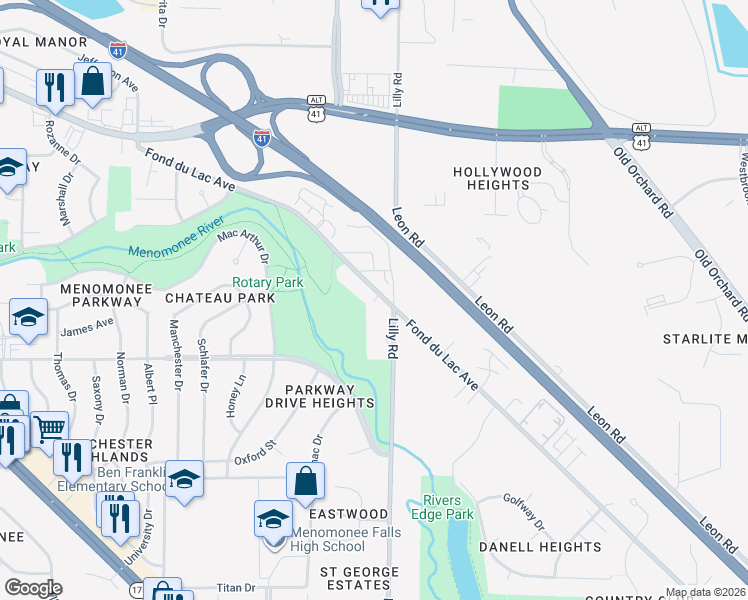 map of restaurants, bars, coffee shops, grocery stores, and more near W140N8461 Lilly Road in Menomonee Falls