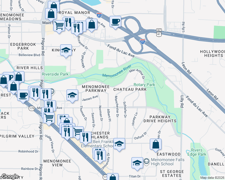 map of restaurants, bars, coffee shops, grocery stores, and more near W147N8463 Manchester Drive in Menomonee Falls