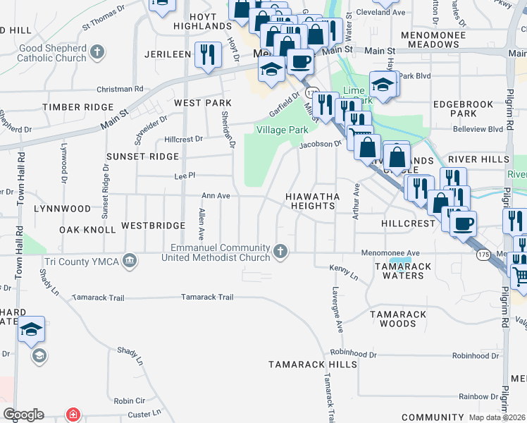 map of restaurants, bars, coffee shops, grocery stores, and more near W168N8464 Jacobson Drive in Menomonee Falls