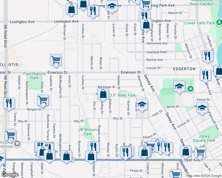 map of restaurants, bars, coffee shops, grocery stores, and more near 157 Michigan Street in Rochester