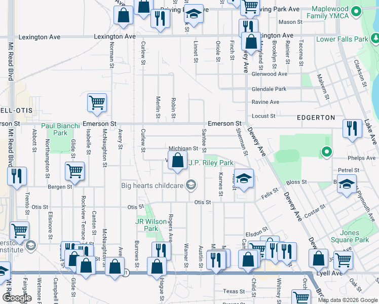 map of restaurants, bars, coffee shops, grocery stores, and more near 49 Villa Street in Rochester