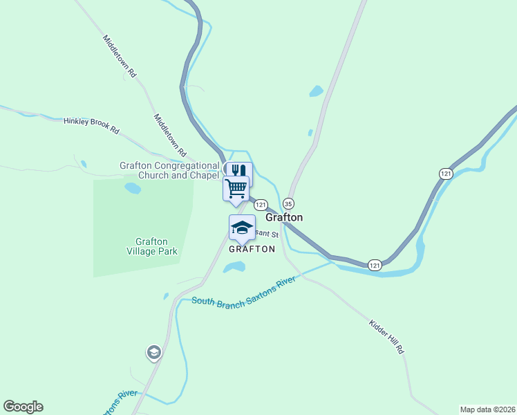 map of restaurants, bars, coffee shops, grocery stores, and more near 204 Vermont 121 in Grafton