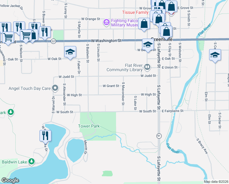 map of restaurants, bars, coffee shops, grocery stores, and more near 501 West High Street in Greenville