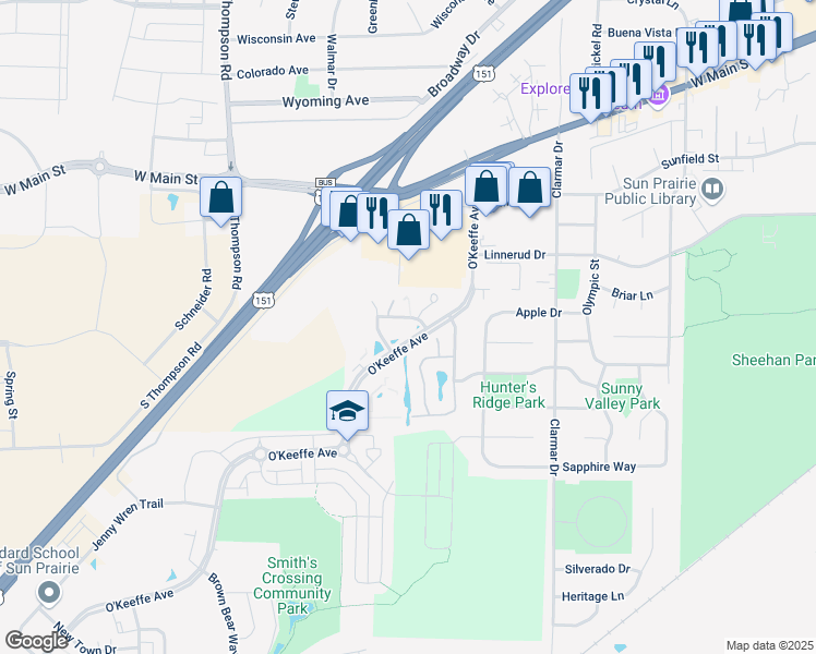 map of restaurants, bars, coffee shops, grocery stores, and more near 865 Garden Drive in Sun Prairie