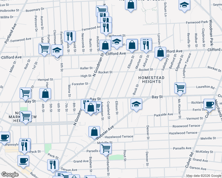 map of restaurants, bars, coffee shops, grocery stores, and more near 45 Cummings Street in Rochester