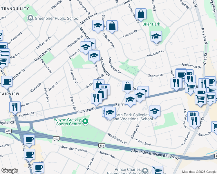 map of restaurants, bars, coffee shops, grocery stores, and more near in Brantford