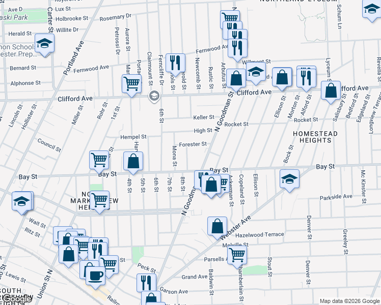 map of restaurants, bars, coffee shops, grocery stores, and more near 21 Frances Street in Rochester