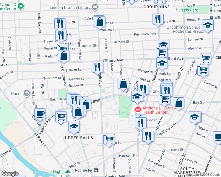 map of restaurants, bars, coffee shops, grocery stores, and more near 480 Upper Falls Boulevard in Rochester