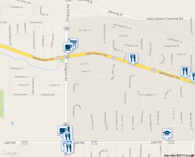 map of restaurants, bars, coffee shops, grocery stores, and more near 106 Marc-Mar Trail in Rochester