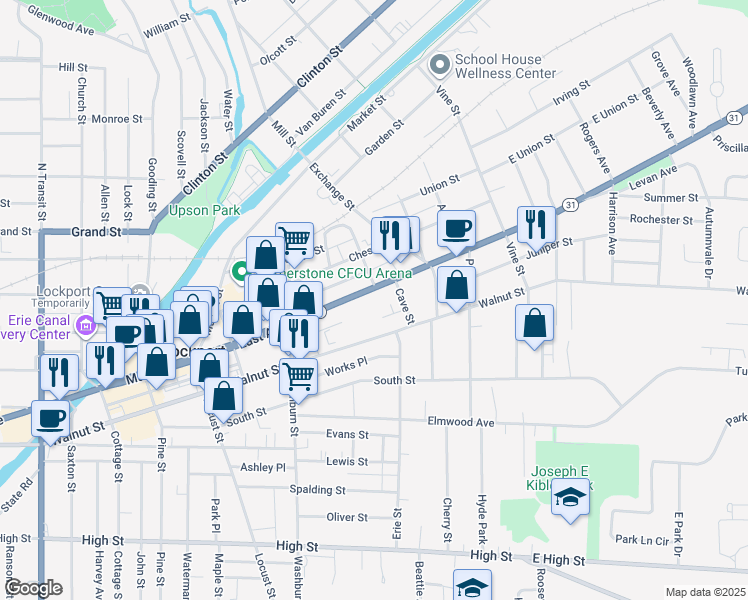 map of restaurants, bars, coffee shops, grocery stores, and more near 373 Walnut Street in Lockport