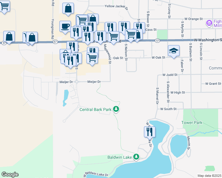 map of restaurants, bars, coffee shops, grocery stores, and more near 1515 Meijer Drive in Greenville