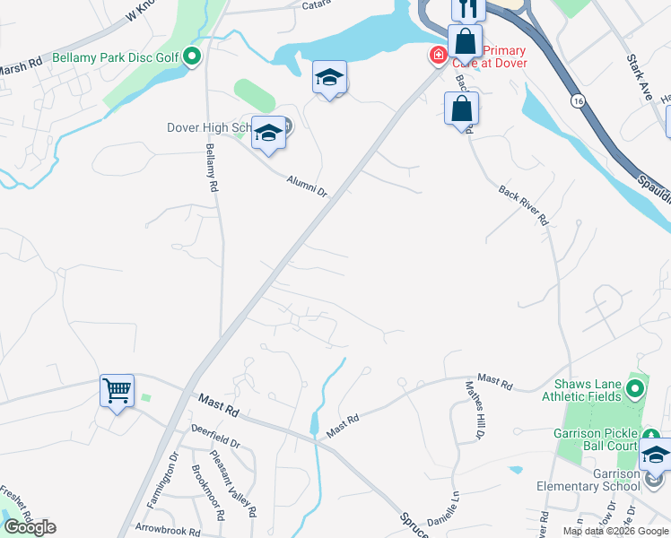 map of restaurants, bars, coffee shops, grocery stores, and more near 50 Dunns Bridge Lane in Dover
