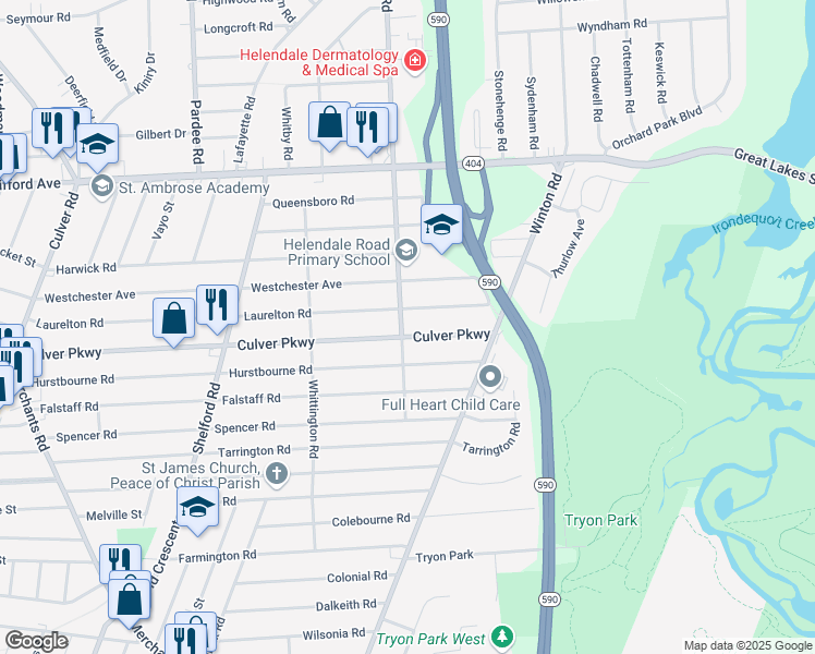map of restaurants, bars, coffee shops, grocery stores, and more near 556 Hurstbourne Road in Rochester