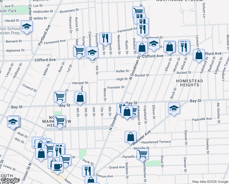 map of restaurants, bars, coffee shops, grocery stores, and more near 21 Frances Street in Rochester