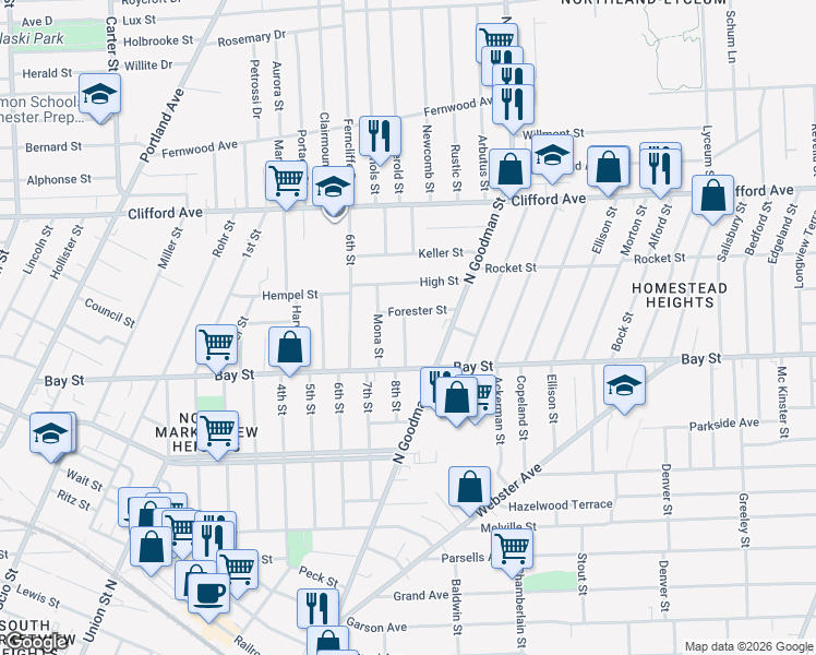map of restaurants, bars, coffee shops, grocery stores, and more near 21 Frances Street in Rochester