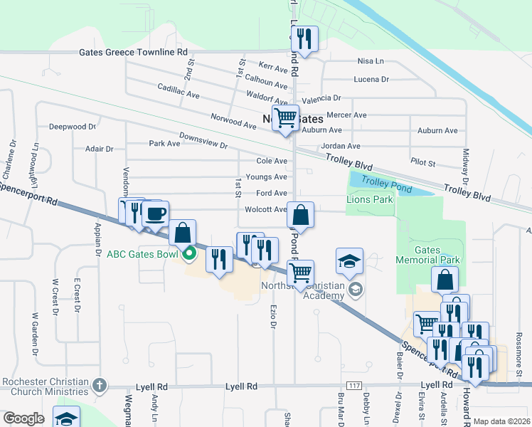 map of restaurants, bars, coffee shops, grocery stores, and more near 19 Morningstar Drive in Rochester