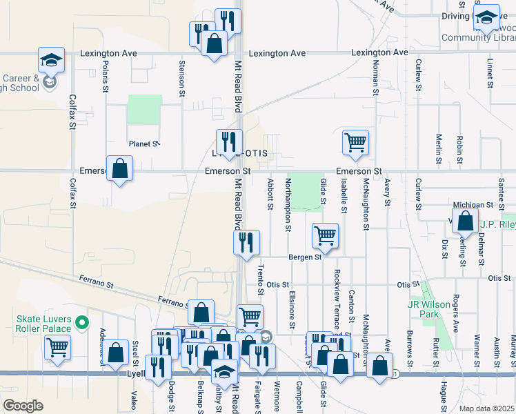 map of restaurants, bars, coffee shops, grocery stores, and more near 1064 Mount Read Boulevard in Rochester