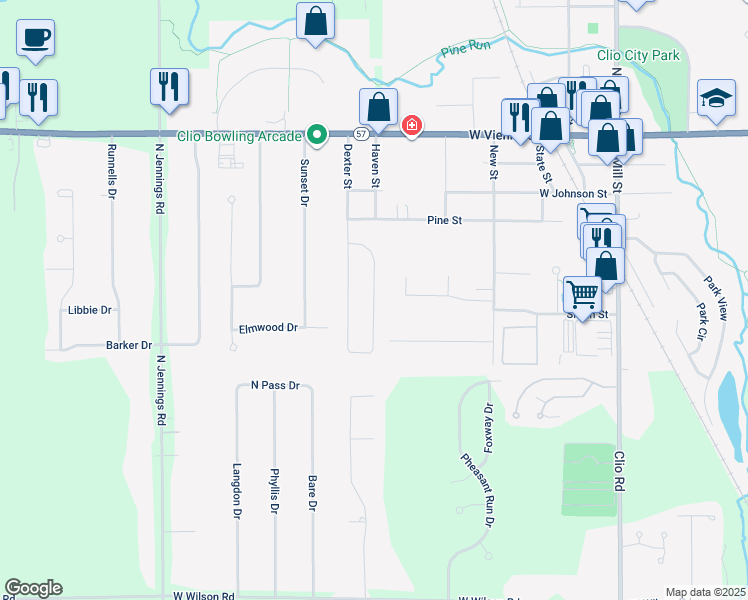 map of restaurants, bars, coffee shops, grocery stores, and more near 3227 Centennial Oak Court in Clio