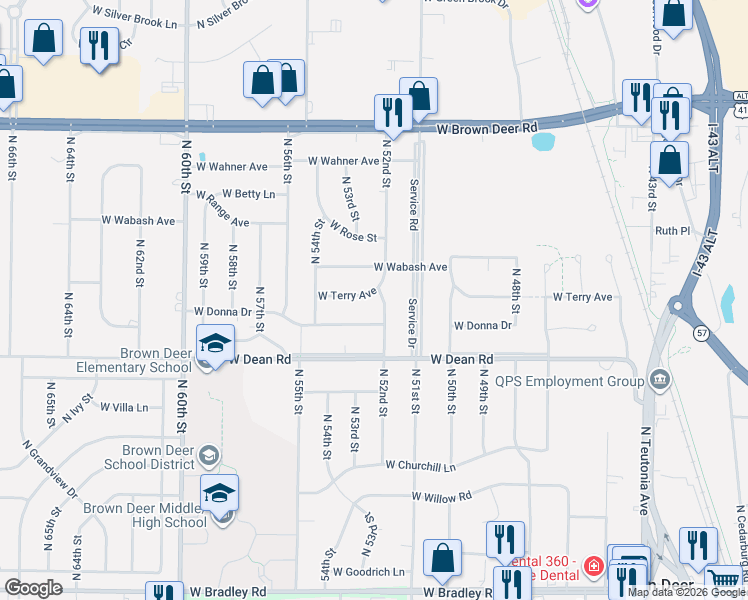 map of restaurants, bars, coffee shops, grocery stores, and more near 8481 North 52nd Street in Brown Deer