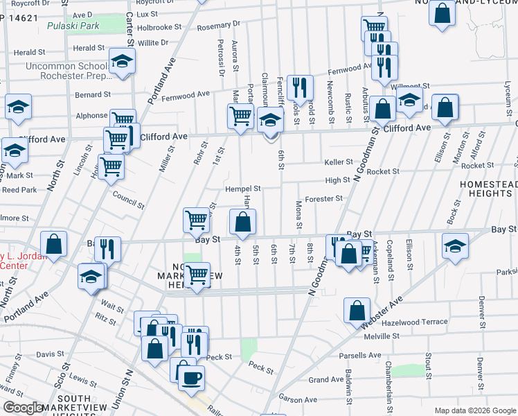 map of restaurants, bars, coffee shops, grocery stores, and more near 131 Hempel Street in Rochester