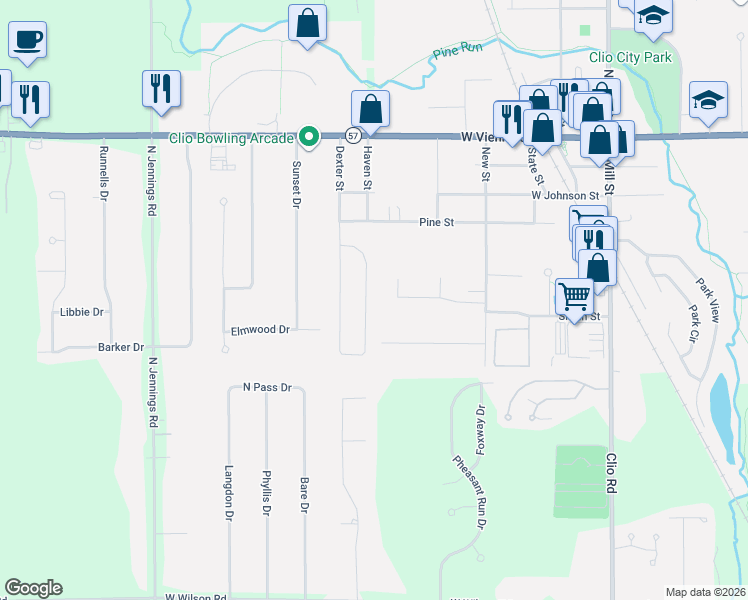 map of restaurants, bars, coffee shops, grocery stores, and more near 3248 Centennial Oak Court in Clio