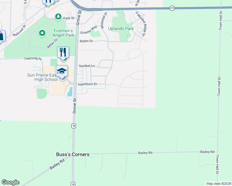 map of restaurants, bars, coffee shops, grocery stores, and more near 771 Hawthorn Drive in Sun Prairie