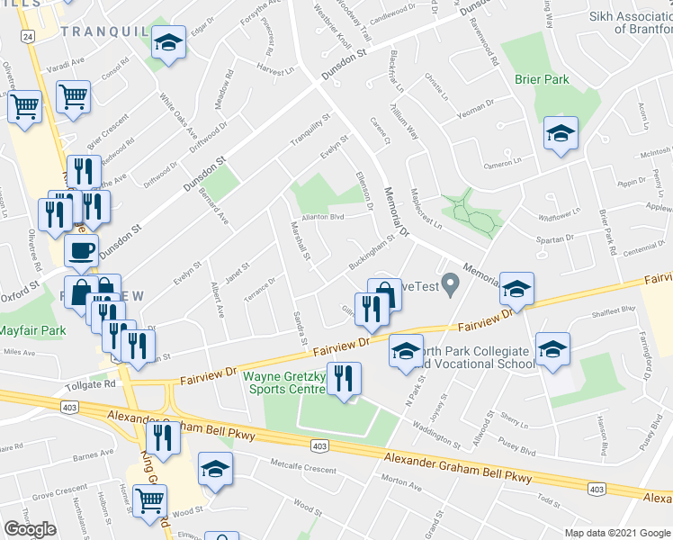 map of restaurants, bars, coffee shops, grocery stores, and more near 25 Buckingham Street in Brantford