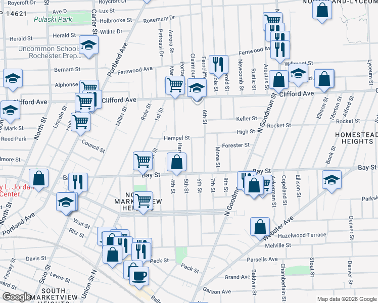 map of restaurants, bars, coffee shops, grocery stores, and more near 131 Hempel Street in Rochester