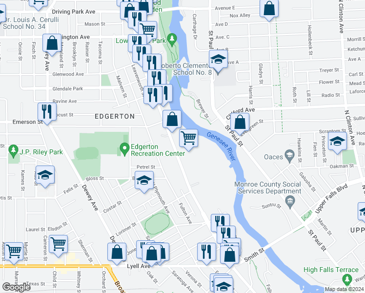 map of restaurants, bars, coffee shops, grocery stores, and more near 444 Lake Avenue in Rochester