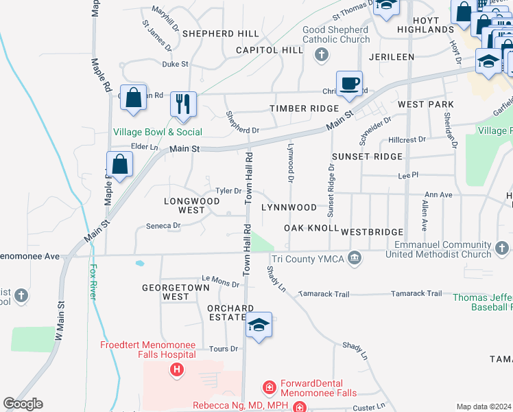 map of restaurants, bars, coffee shops, grocery stores, and more near W179N8568 Village Court in Menomonee Falls