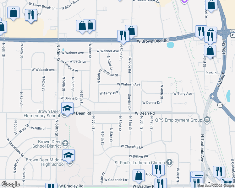 map of restaurants, bars, coffee shops, grocery stores, and more near 8533 North 52nd Street in Brown Deer
